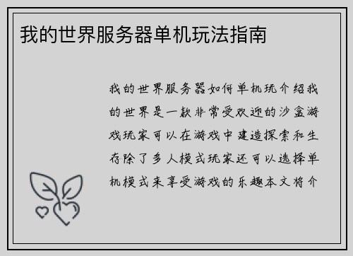 我的世界服务器单机玩法指南